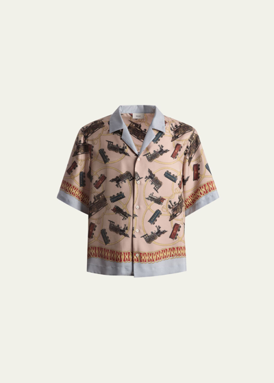 Shop Bally Men's Train-print Silk Camp Shirt In Multicolor