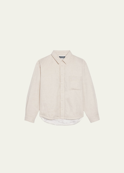 Shop Jacquemus Men's Padded Cotton-linen Shirt Jacket In Light Beige