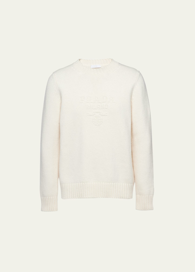 Shop Prada Men's Wool-cashmere Logo Sweater In Bianco