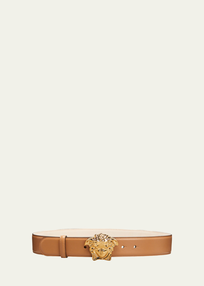 Shop Versace La Medusa Buckle Leather Belt In Caramel Gold