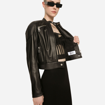 Dolce & Gabbana Long-sleeved Leather Jacket With Vertical Collar In Black