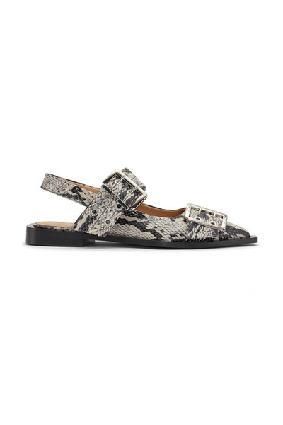 Shop Ganni Snake Printed Chunky Buckle Ballerinas Shoes In Sand