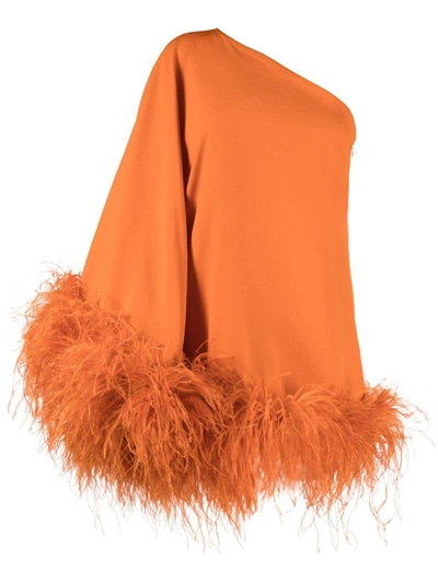 Shop Taller Marmo Piccolo Ubud One-shoulder Feather-trimmed Crepe Mini Dress In Orange
