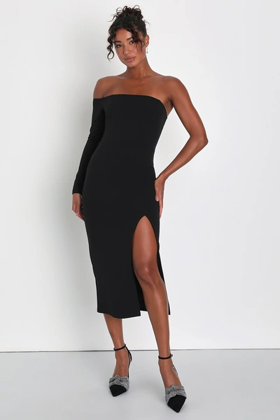 Lulus Modern Stunner Black One-shoulder Bodycon Midi Dress In Black