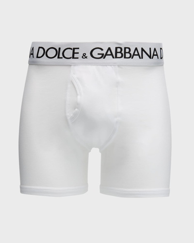 Shop Dolce & Gabbana Men's Waistband-logo Long Boxer Briefs In Optic White