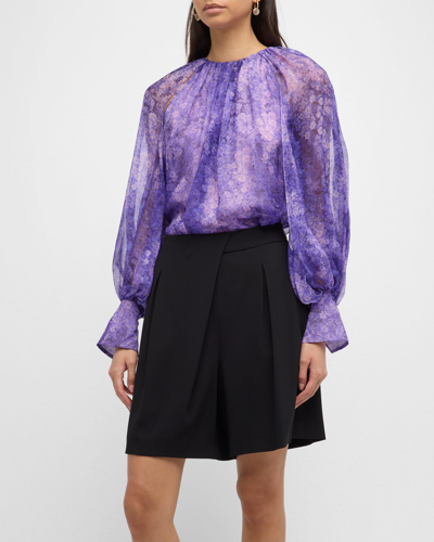 Shop Oscar De La Renta Lilac Print Silk Chiffon Blouse With Jewel Button Detail In Lilacblue