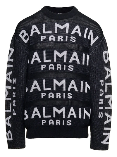 Shop Balmain Black Long Sleeve Sweater With Intarsia Logo In Cotton Blend Man