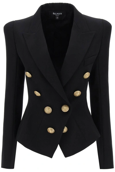 Shop Balmain Fitted Double-breasted Jacket In Wool In Noir (black)