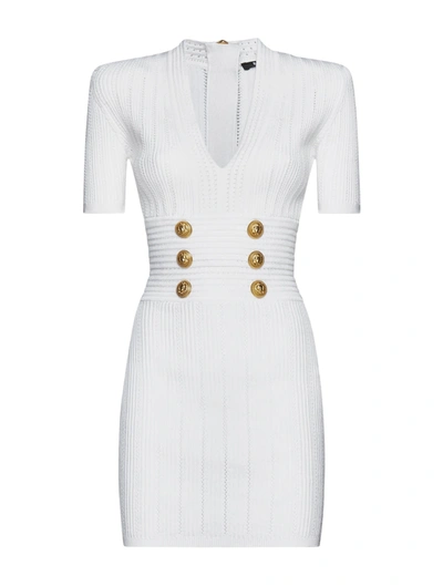 Shop Balmain Ss V-neck 6btn Knit Short Dress In Fa Blanc