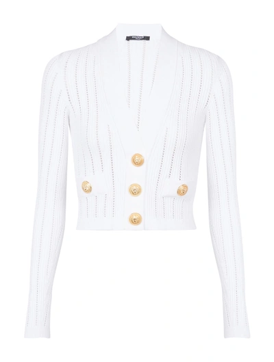 Shop Balmain V-neck 2 Pkts Knit Cropped Cardigan In Fa Blanc