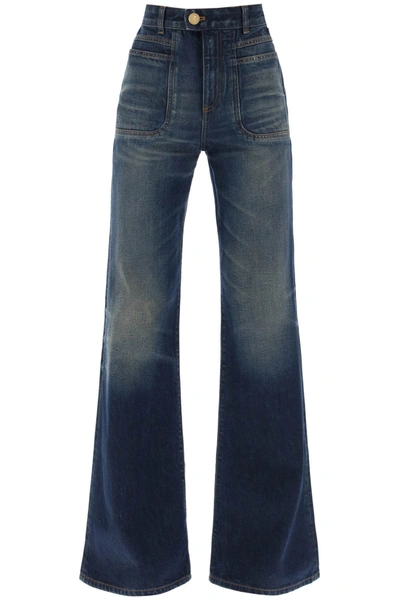 Shop Balmain Wide Leg Jeans With Dark Wash In Bleu Jean Brut (blue)