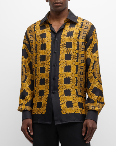 Shop Stefano Ricci Men's Silk Medallion-print Overshirt In Yellow Black