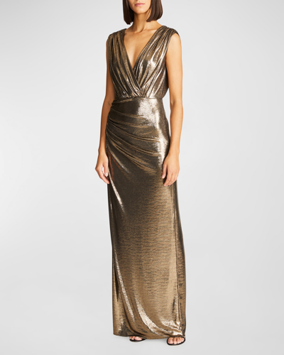 Shop Halston Misha Sleeveless Metallic Jersey Column Gown In Antique Gold