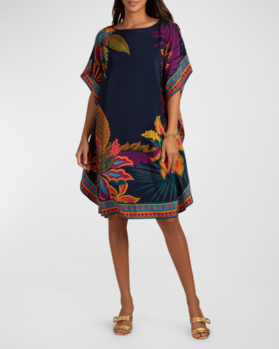 Shop Trina Turk Global Floral Border Short-sleeve Silk Dress In Multi