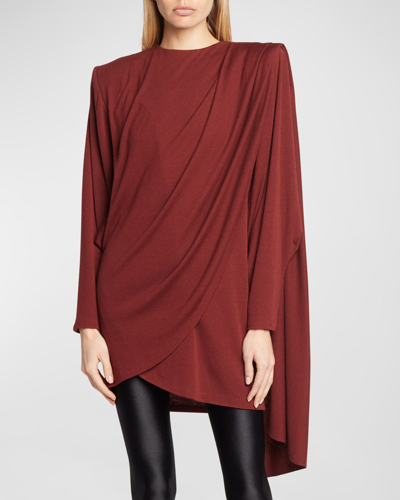 Shop Saint Laurent Draped Strong-shoulder Long-sleeve Mini Dress In Red