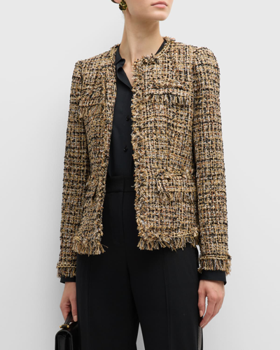 Shop Kobi Halperin Lisa Chain-trim Fringe Tweed Jacket In Gold