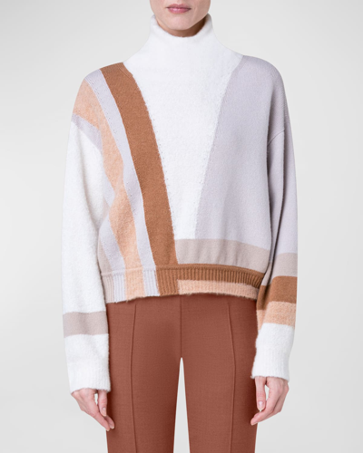 Shop Akris Cashmere Silk Boucle Zigzag Intarsia Sweater In Camel-multicolor