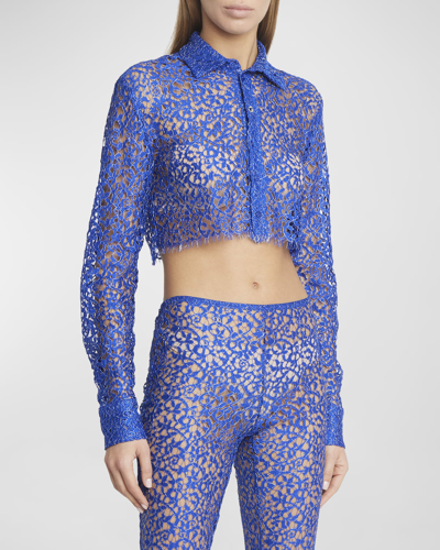 Shop Coperni Lace Cropped Shirt In Royal Blue