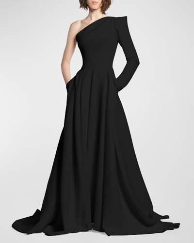 Shop Maticevski Audacity Strong One-shoulder Long-sleeve Gown In Black