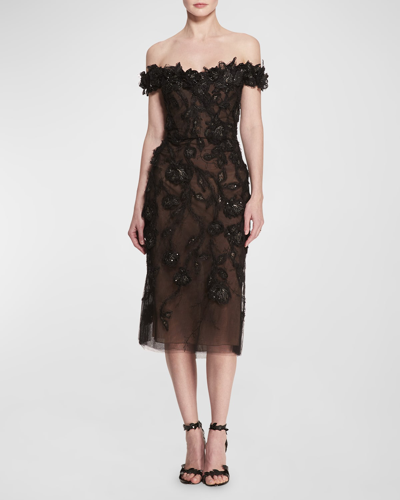 Shop Marchesa Bead Floral Embroidered Off-the-shoulder Midi Dress In Black