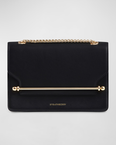 Strathberry East-west Flap Leather Chain Shoulder Bag In Black