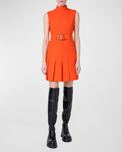 Shop Akris Mock-neck Sleeveless Belted Pleated Mini Dress In Pumpkin
