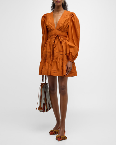 Shop Ulla Johnson Rosalind Puff-sleeve Belted Poplin Mini Dress In Saffron
