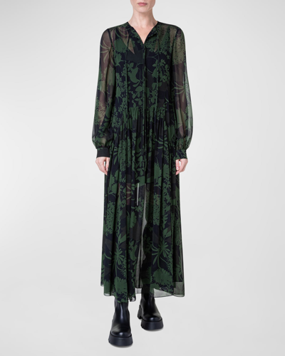 Shop Akris Abraham Flower-print Gathered Silk Georgette Maxi Dress In Moss