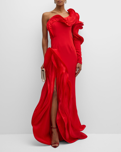 Shop Gaurav Gupta Ruffle One-shoulder Side-slit Evening Gown In Blood Red