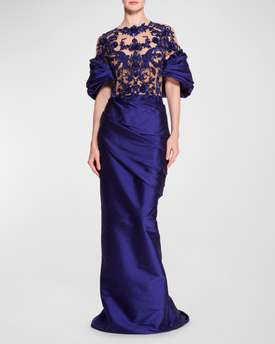 Shop Marchesa Bird Embroidered Draped Column Gown In Blue