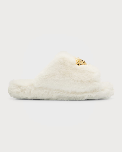 Shop Versace Logomania Fuzzy Open-toe Slippers In Bianco
