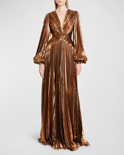 Shop Zuhair Murad Plunging Metallic Lame Pleated Long-sleeve Gown In Inca Gold