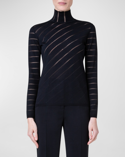 Shop Akris Diagonal Stripe Fitted Mock-neck Sweater In Black