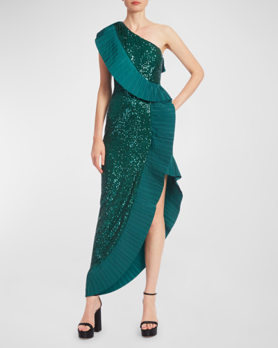 Shop One33 Social One-shoulder Sequin Ruffle High-low Gown In Emerald