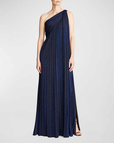 Shop Halston One-shoulder Pleated Knit Gown In Navy