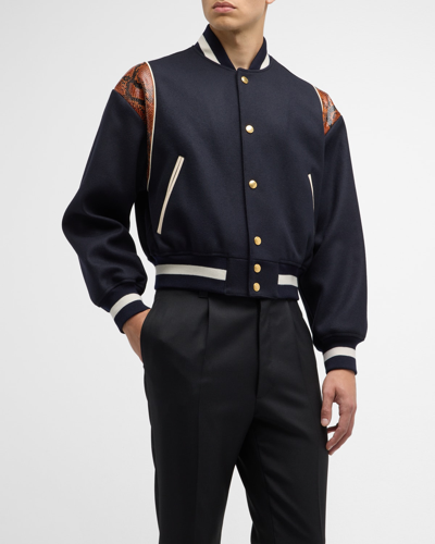 Shop Bally Men's Varsity Bomber Jacket With Snake Print In Navy 50