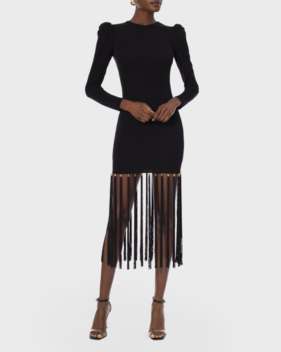 Shop Helsi Greta Puff-shoulder Tassel Midi Dress In Black