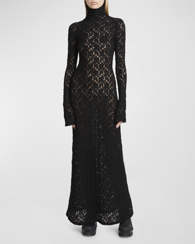 Shop Chloé Turtleneck Long-sleeve Smocked Lace Gown In Black