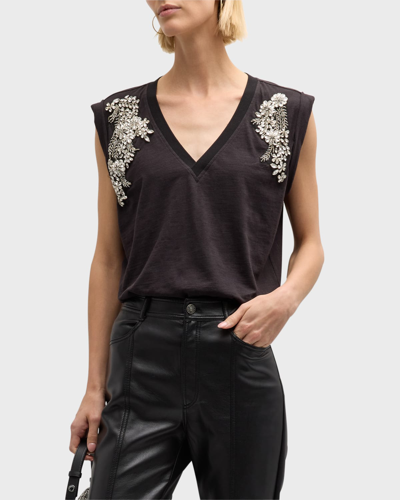 Shop Cinq À Sept Bella Crystal Ivy Embellished Sleeveless T-shirt In Black