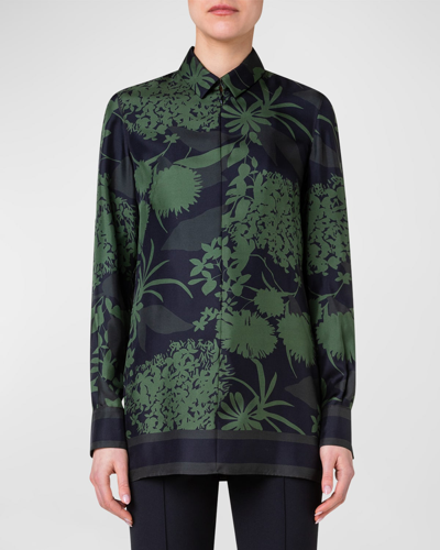 Shop Akris Silk Twill Abraham Flower Print Tunic Blouse In Oregano-moss