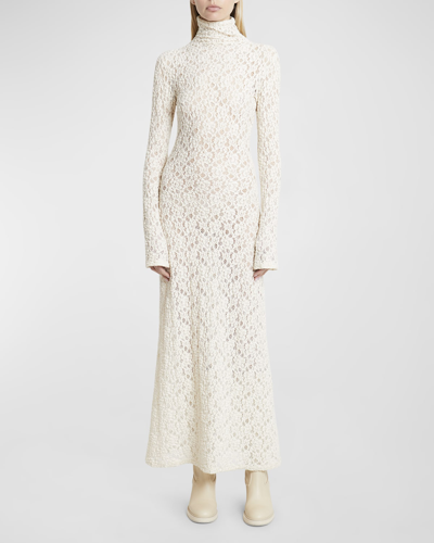 Shop Chloé Turtleneck Long-sleeve Smocked Lace Gown In Dusty White