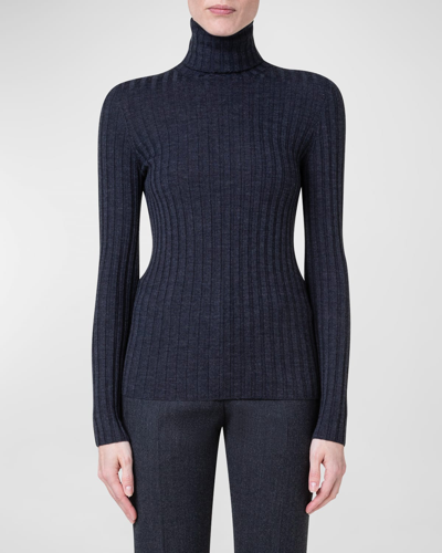 Shop Akris Turtleneck Long-sleeve Wool-silk Rib Sweater In Charcoal