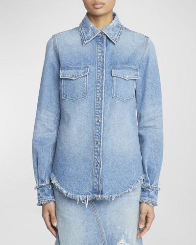 Shop Chloé Frayed-edge Recycled Denim Collared Shirt In Foggy Blue