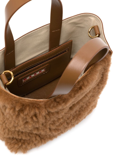 Shop Marni Logo-patch Shearling Tote Bag In Brown