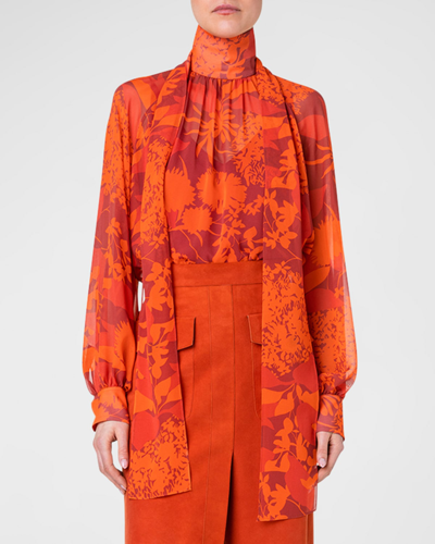 Shop Akris Floral Silk Georgette Scarf-tie Blouse In Ruby Red-multicol