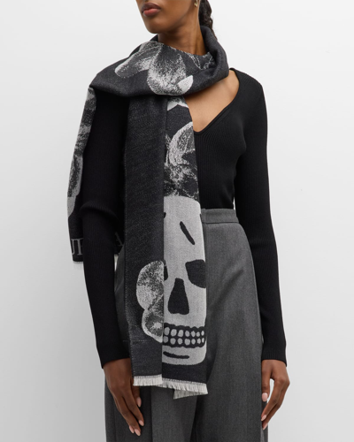 Shop Alexander Mcqueen Orchis Skull Wool-silk Scarf In Black Ivory