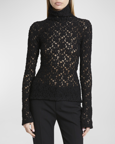 Shop Chloé Turtleneck Long-sleeve Smocked Lace Top In Black