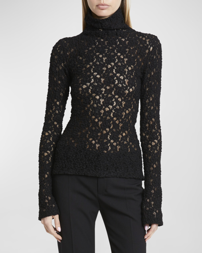 Chloé Turtleneck Long-sleeve Smocked Lace Top In Black