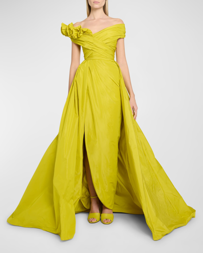 Shop Elie Saab Ruffle Off-the-shoulder Overskirt Taffeta Gown In Citrine