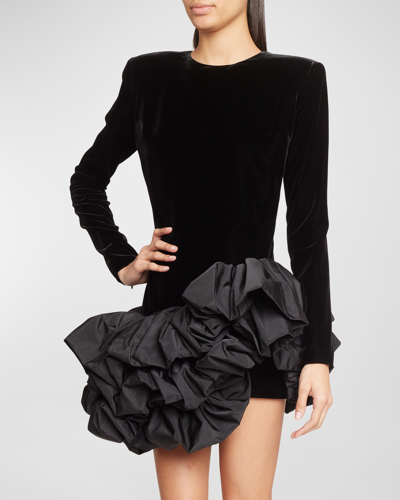 Shop Alexandre Vauthier Bubble Ruffle Strong-shoulder Velvet Mini Dress In Black